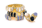 Textured 18K Yellow Gold Bold Cuff Bracelets and “More than Cocktail” Rings in Special Cut Chalcedony, Black Onyx and Mother of Pearl